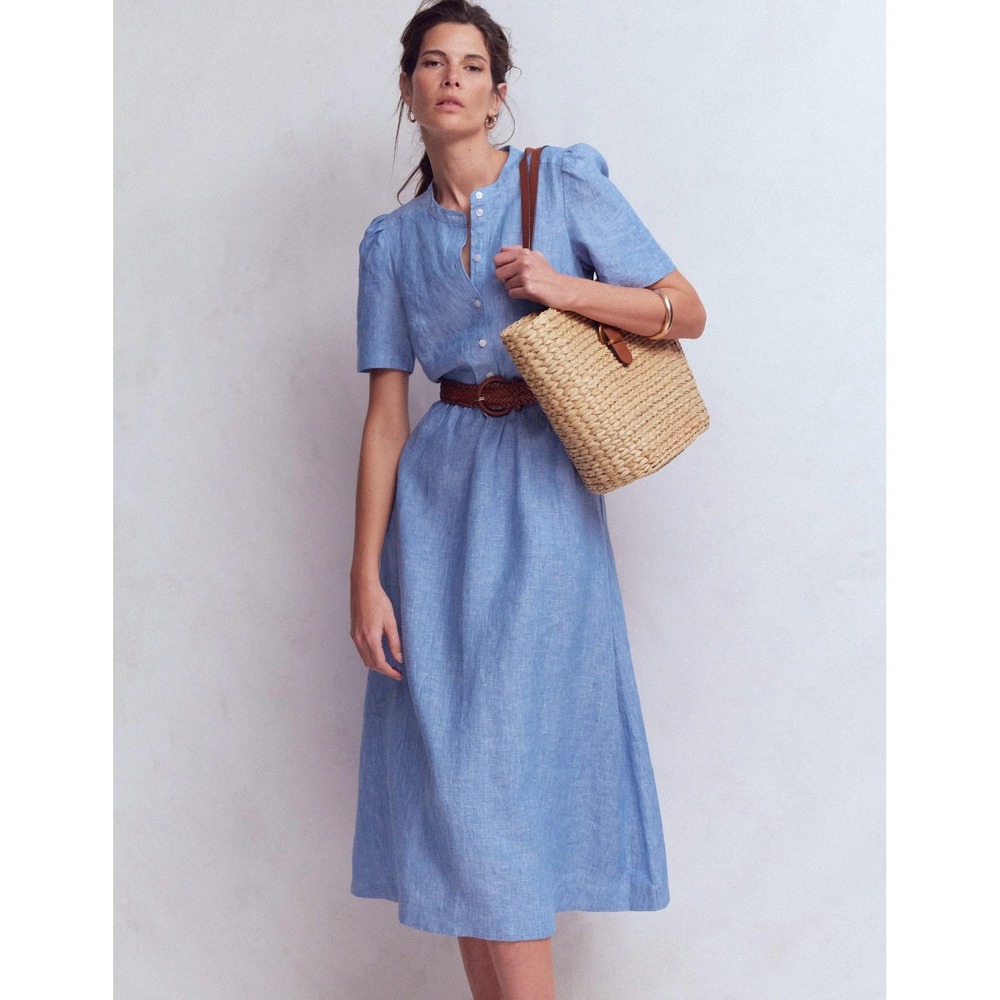 Boden Blue 100% Linen Short Sleeve Button Front Maxi Dress D1510 Size US 8R